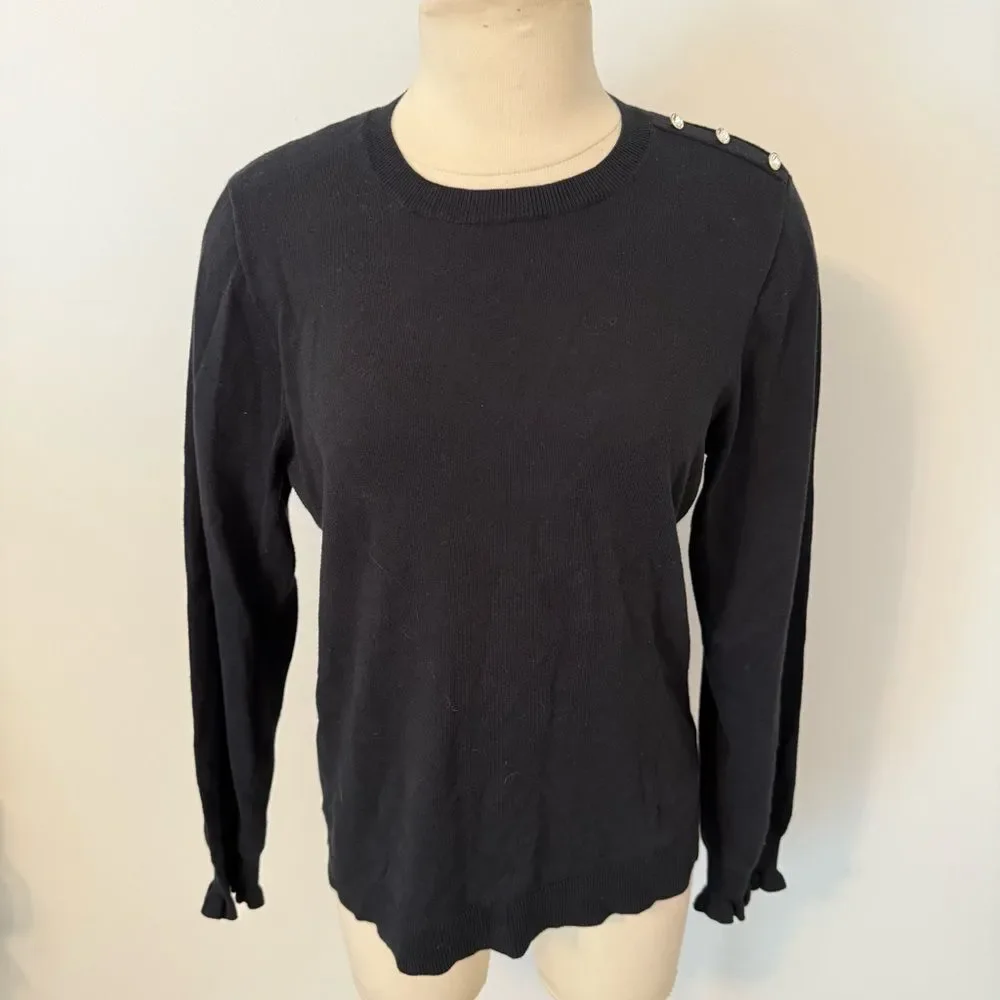 J. Crew Black Cotton Ruffle Rhinestone Sweater Size Large